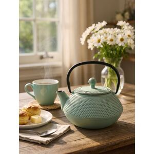 Green Cast Iron Tea Pot & Lid Distressed Patina Dot Texture Asian Rustic Decor